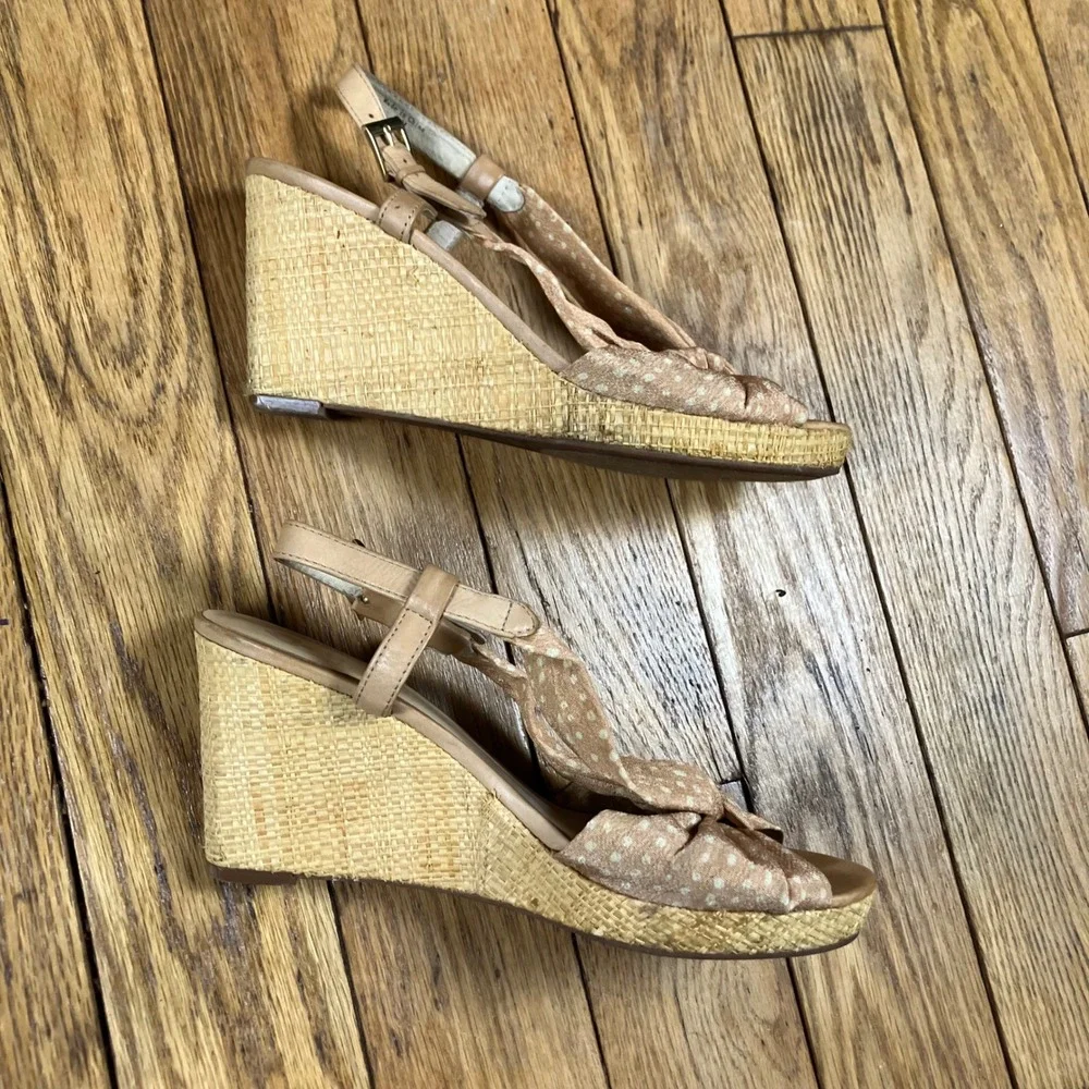 Kate Spade‎ New York Polka Dot Bow Raffia Wedge Sandals Tan Cream 9.5M